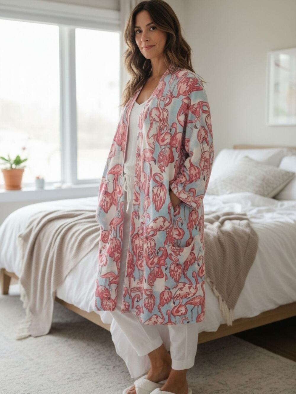 Pink Flamingo Open Robe Beach Bath Coverup Sz XL Tropical Birds Exotic Whimsical